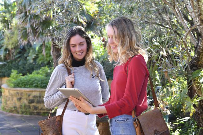 Two women using an iPad